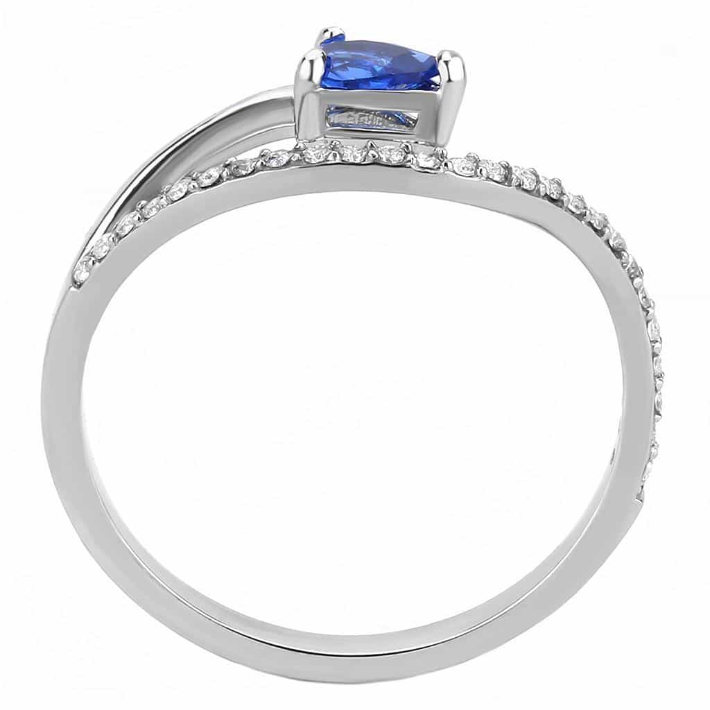 Stainless Steel Blue Sapphire Pear CZ Slim Pave Solitaire Ring view 5