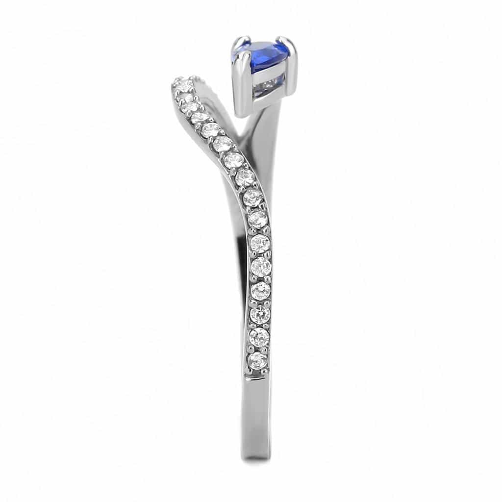 Stainless Steel Blue Sapphire Pear CZ Slim Pave Solitaire Ring view 7