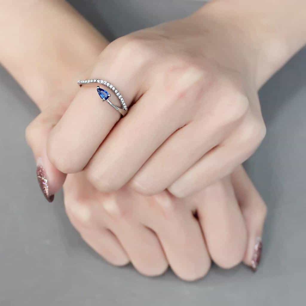 Stainless Steel Blue Sapphire Pear CZ Slim Pave Solitaire Ring view 9