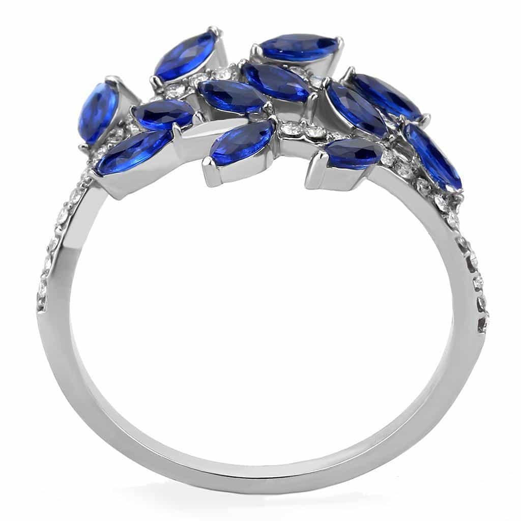 Stainless Steel Blue Sapphire Marquise Leaf Branch Open Ring view 5