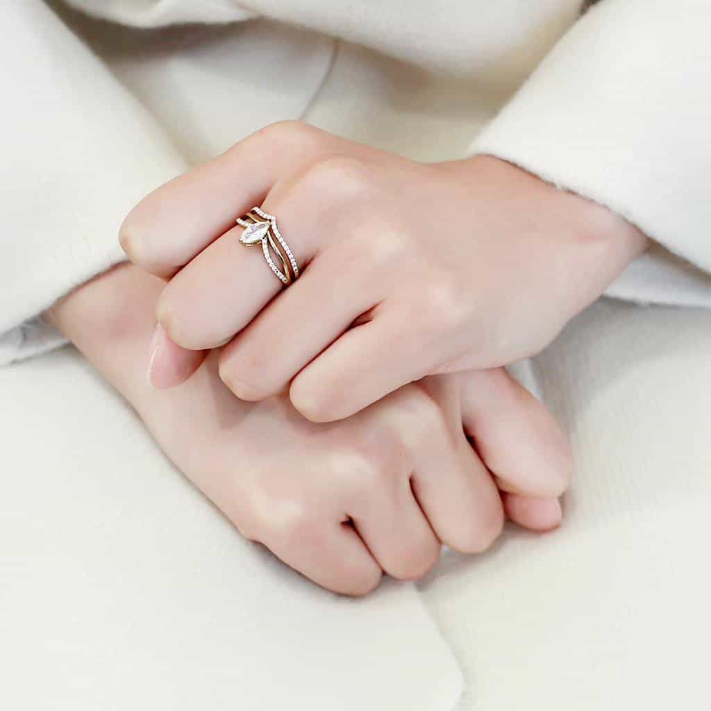 Stainless Steel Gold CZ Marquise Pave Double Band Bridal Set Ring view 9