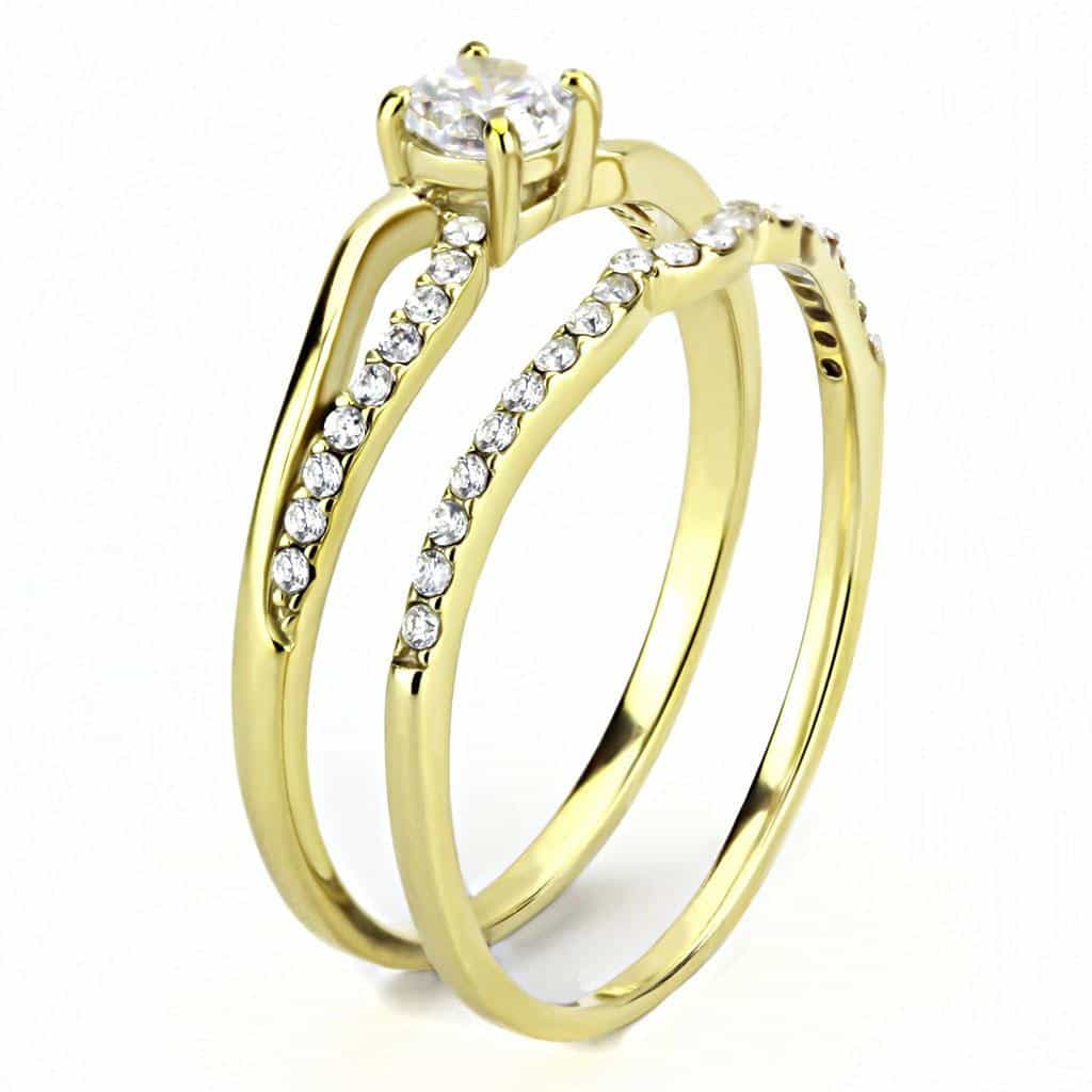 Stainless Steel Gold CZ Round Pave Double Band Bridal Set Ring view 7