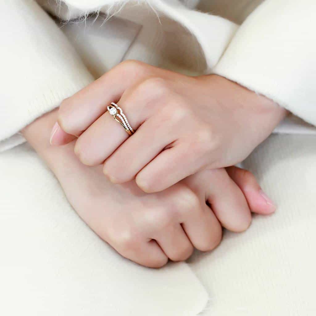 Stainless Steel Gold CZ Round Pave Double Band Bridal Set Ring view 9