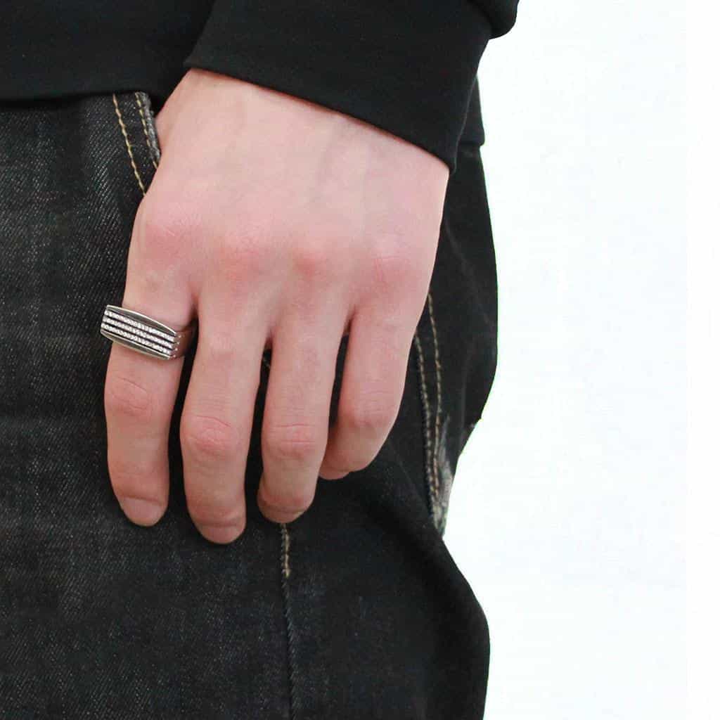 Stainless Steel CZ Pave Triple Row Flat Top Men Signet Ring view 9