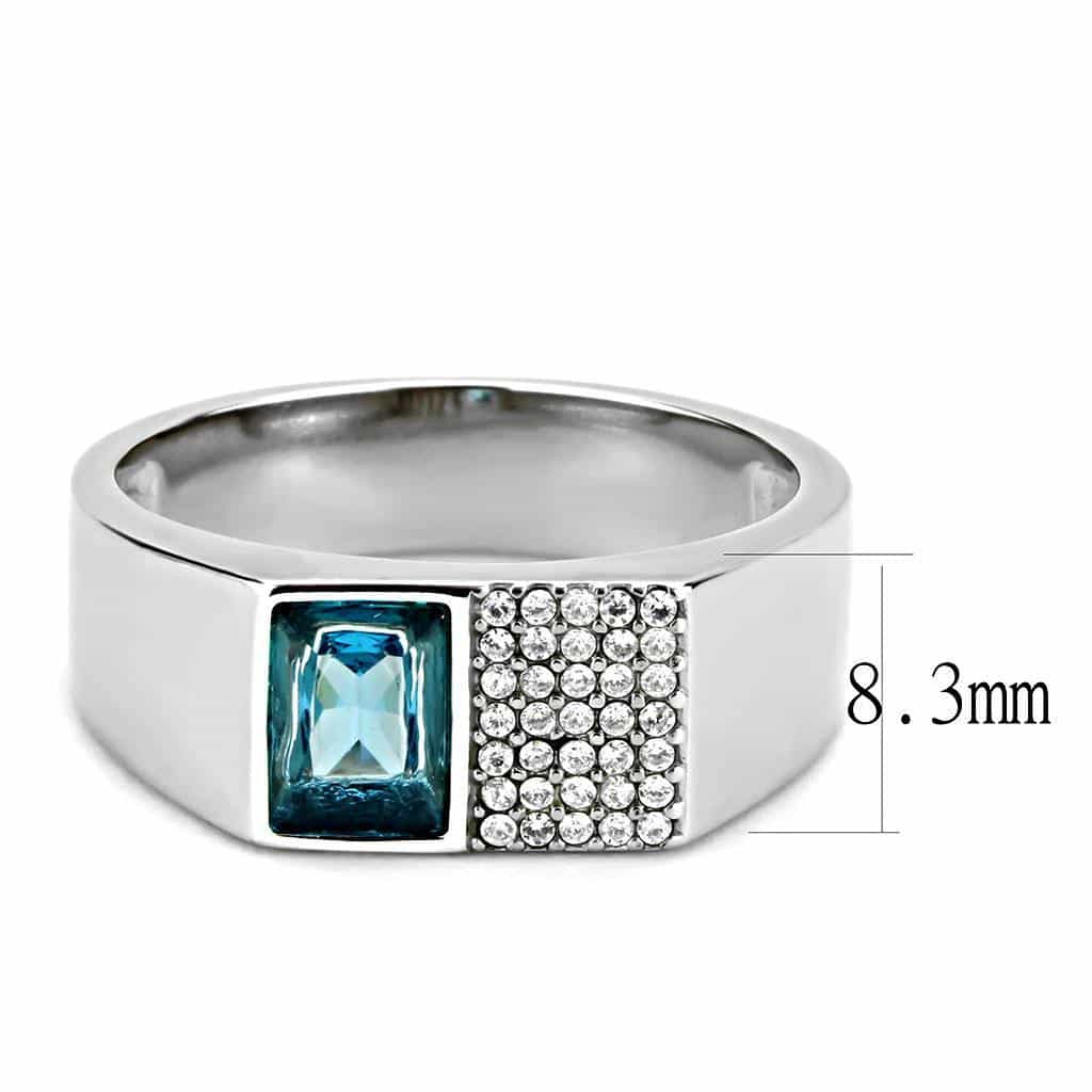 Stainless Steel Blue Topaz Square Bezel CZ Pave Men Signet Ring view 3