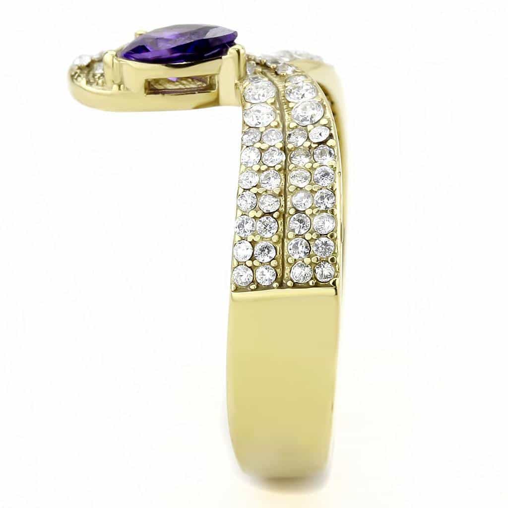 Stainless Steel Gold Purple Amethyst Pear CZ Pave Wrap Ring view 7
