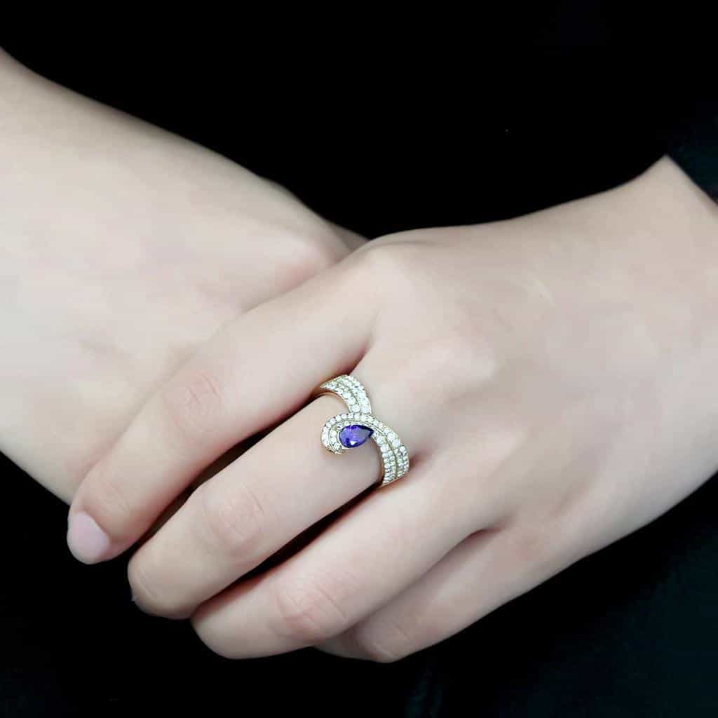 Stainless Steel Gold Purple Amethyst Pear CZ Pave Wrap Ring view 11