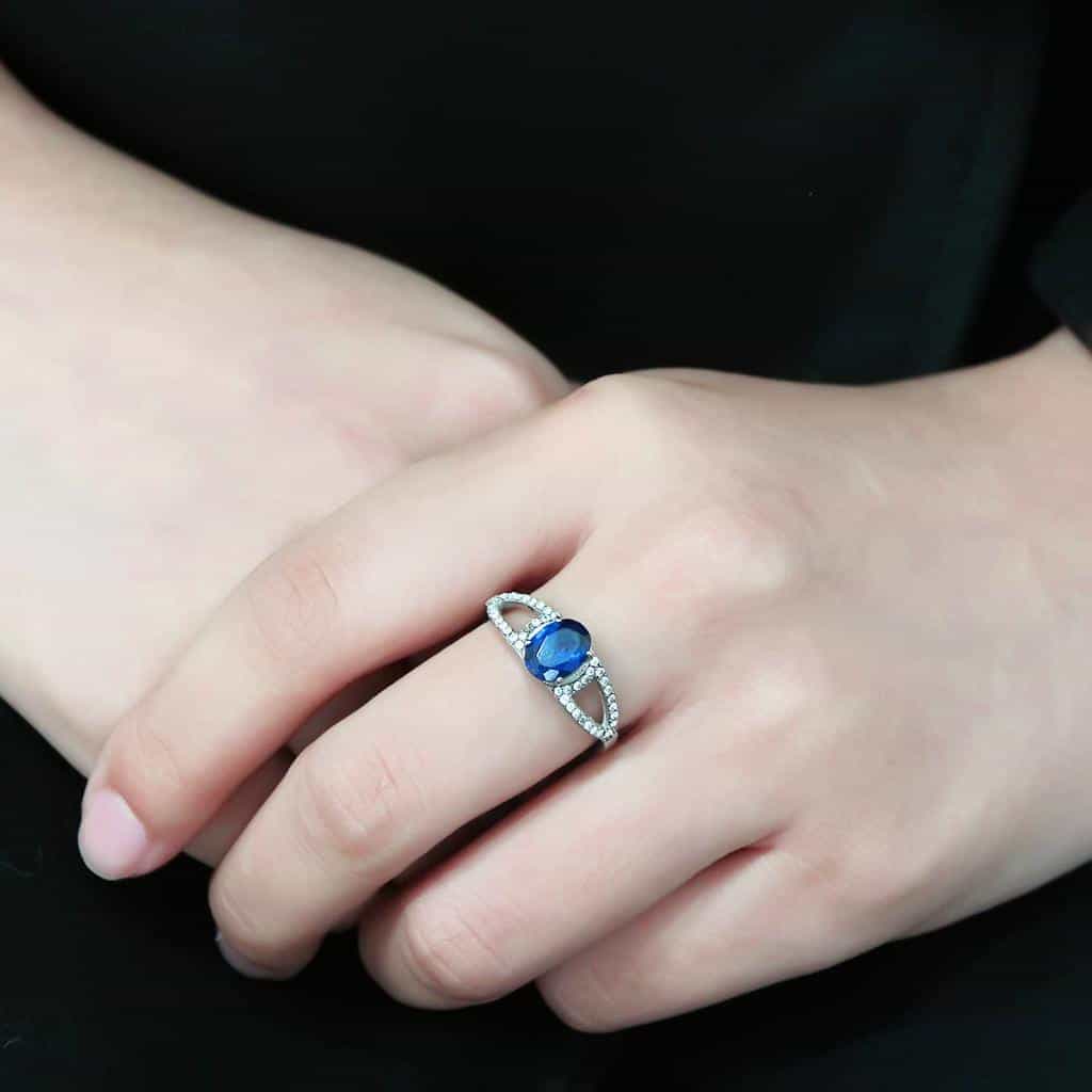 Stainless Steel Blue Sapphire Oval CZ Pave Split Shank Ring view 9