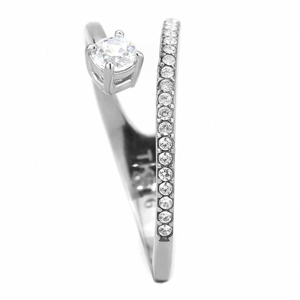Stainless Steel CZ Princess Cut Pave Slim Bypass Solitaire Ring view 9