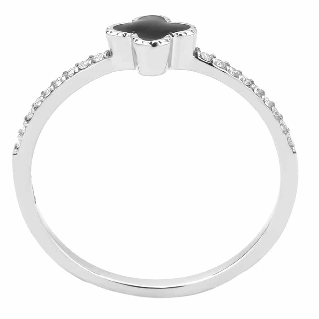 Stainless Steel Black Enamel Clover CZ Pave Slim Band Ring view 5