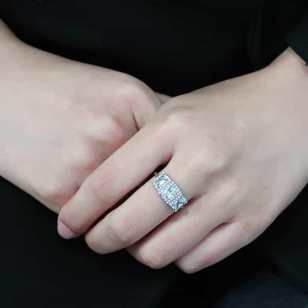 Stainless Steel CZ Baguette Round Pave Art Deco Halo Ring view 9