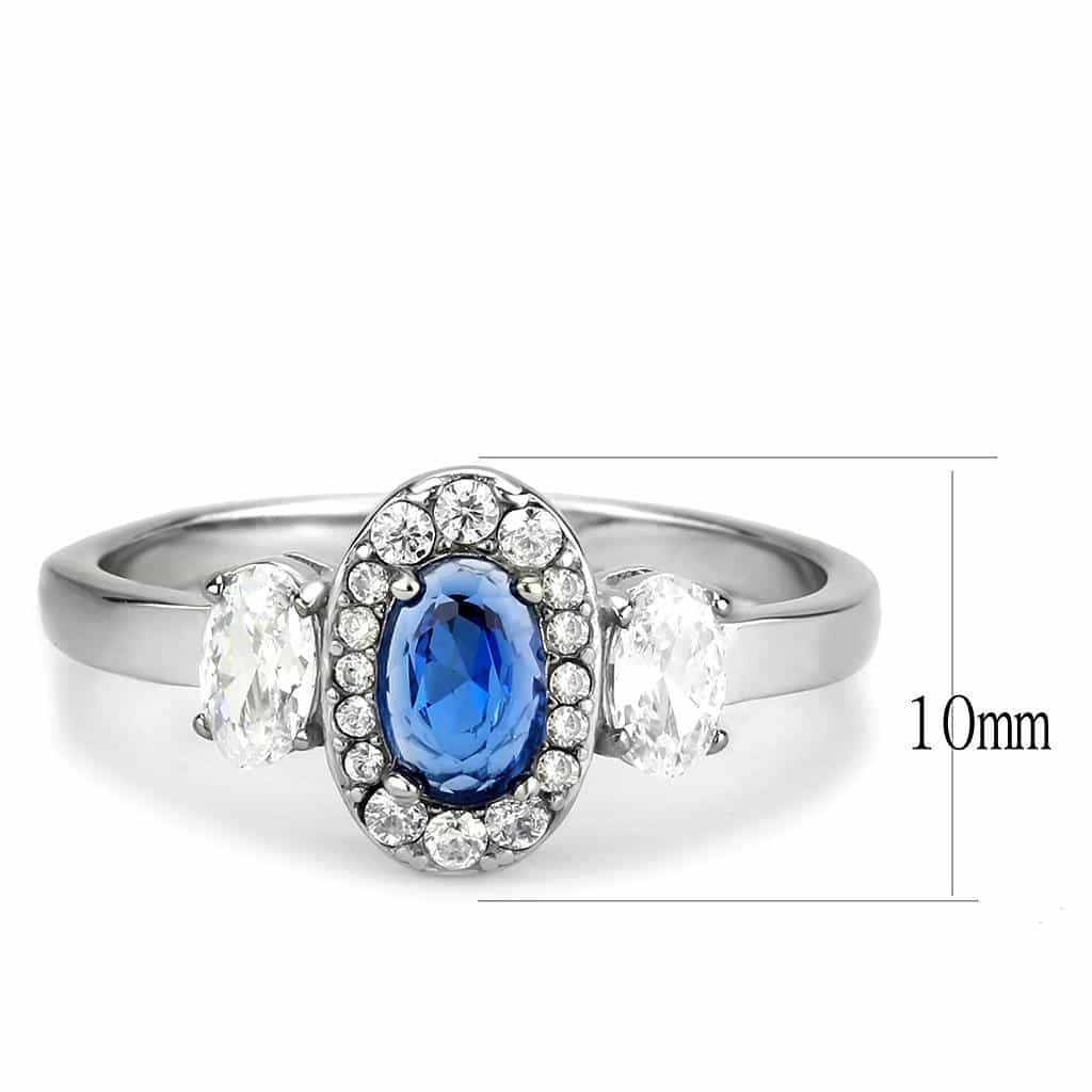 Stainless Steel Blue Sapphire Oval CZ Pave Halo Three Stone Ring view 3