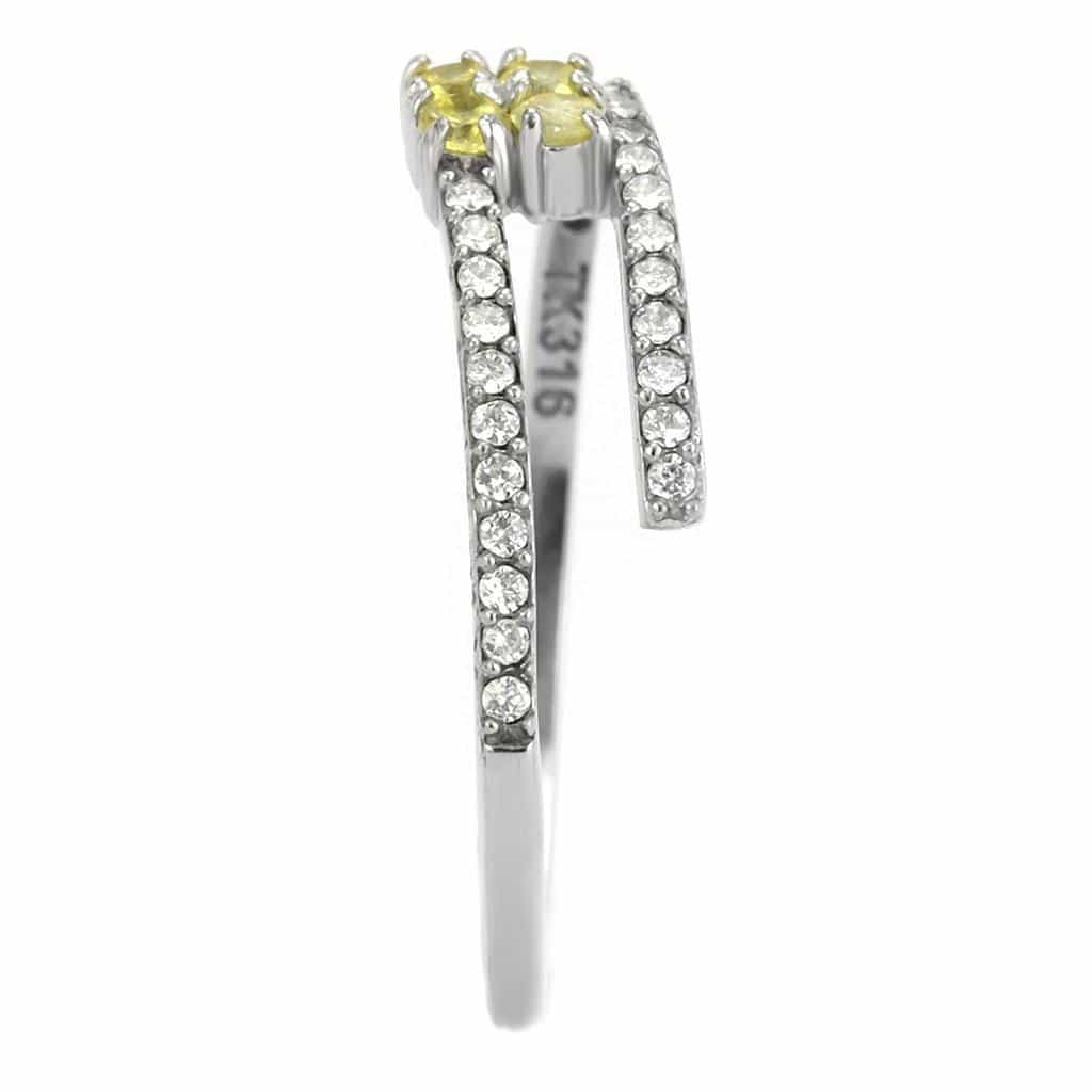 Stainless Steel Yellow CZ Round Prong Pave Slim Solitaire Ring view 7