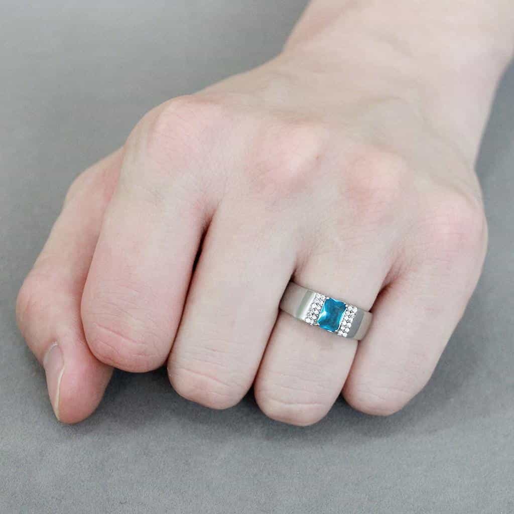 Stainless Steel Blue Topaz Square CZ Pave Men Signet Ring view 9