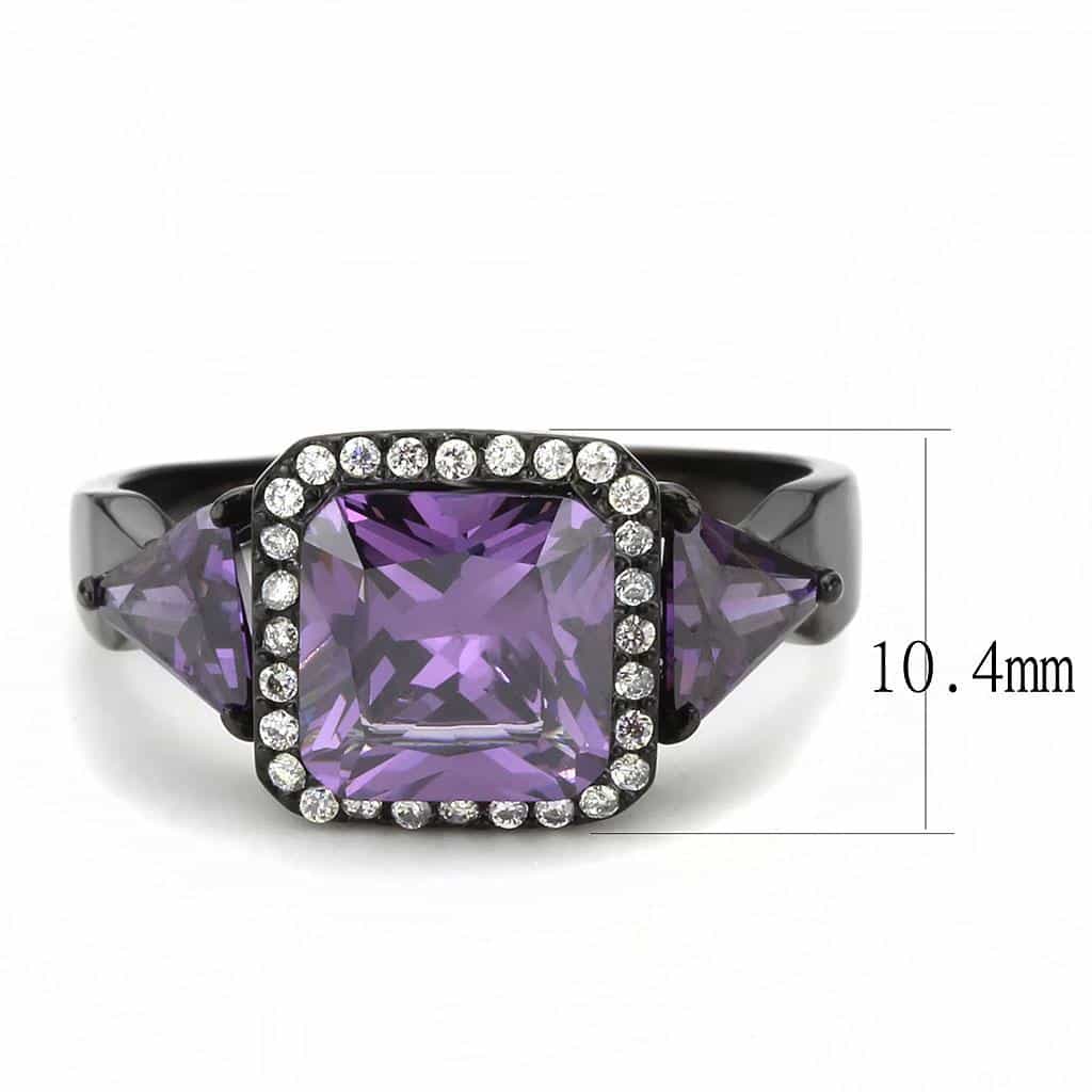 Stainless Steel Black IP Purple Amethyst Princess Pave Halo Ring view 3