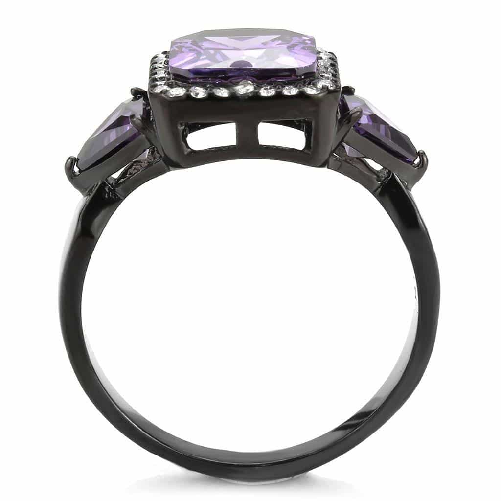 Stainless Steel Black IP Purple Amethyst Princess Pave Halo Ring view 5