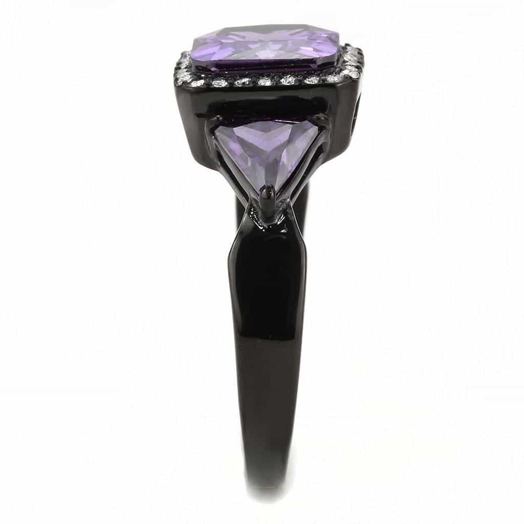 Stainless Steel Black IP Purple Amethyst Princess Pave Halo Ring view 7
