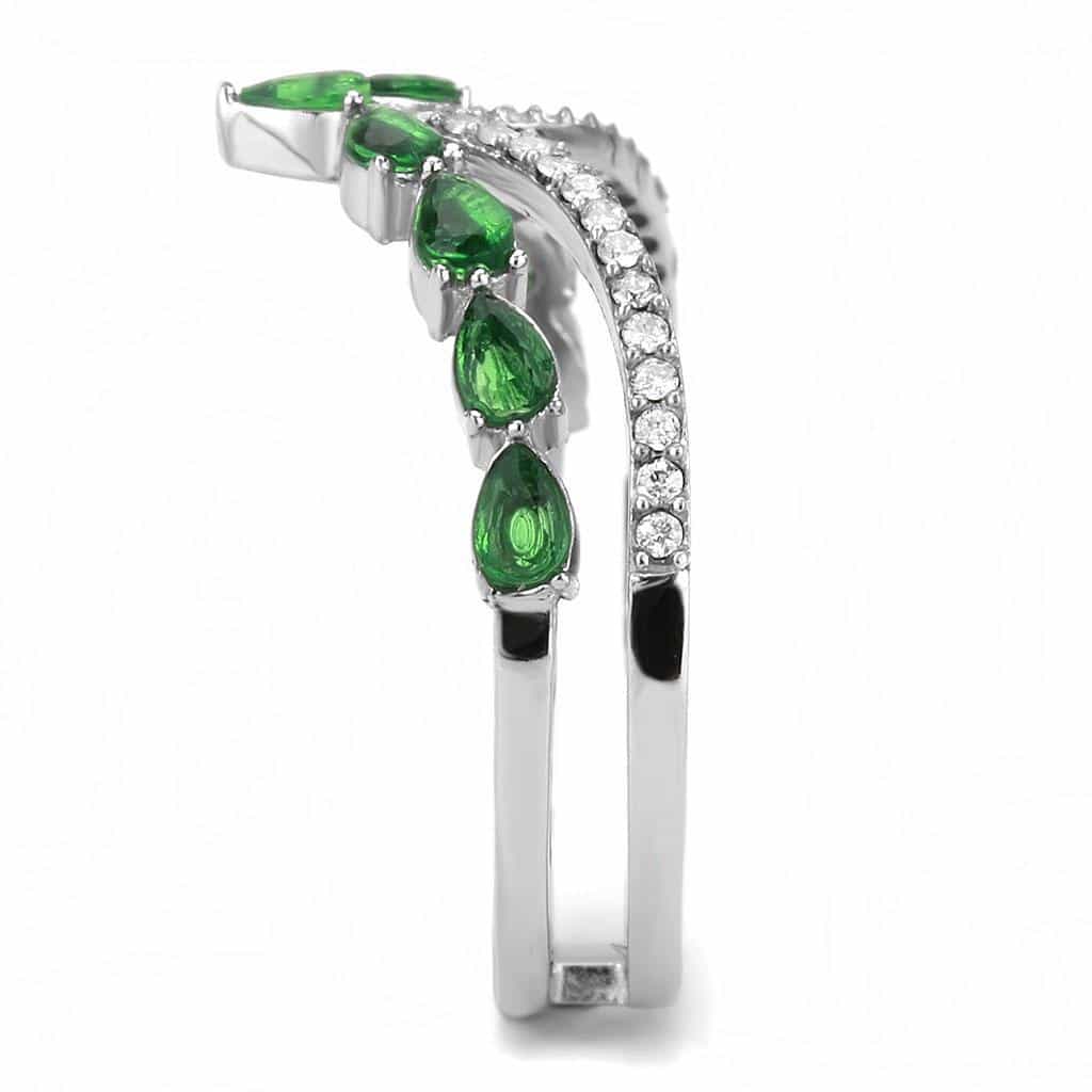 Stainless Steel Green Emerald Marquise Leaf Vine CZ Pave V Ring view 7