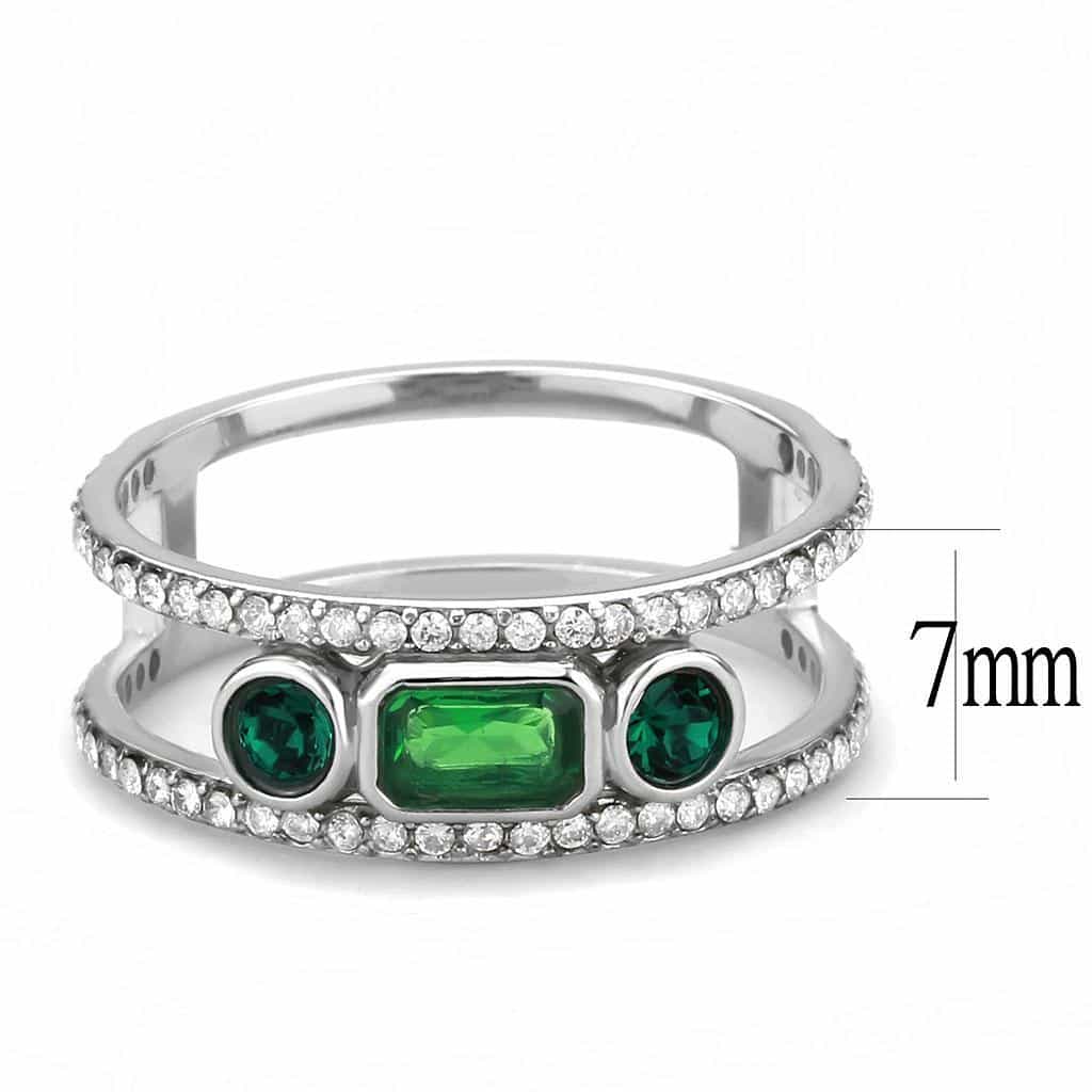 Stainless Steel Green Emerald Baguette Oval CZ Pave Triple Ring view 3