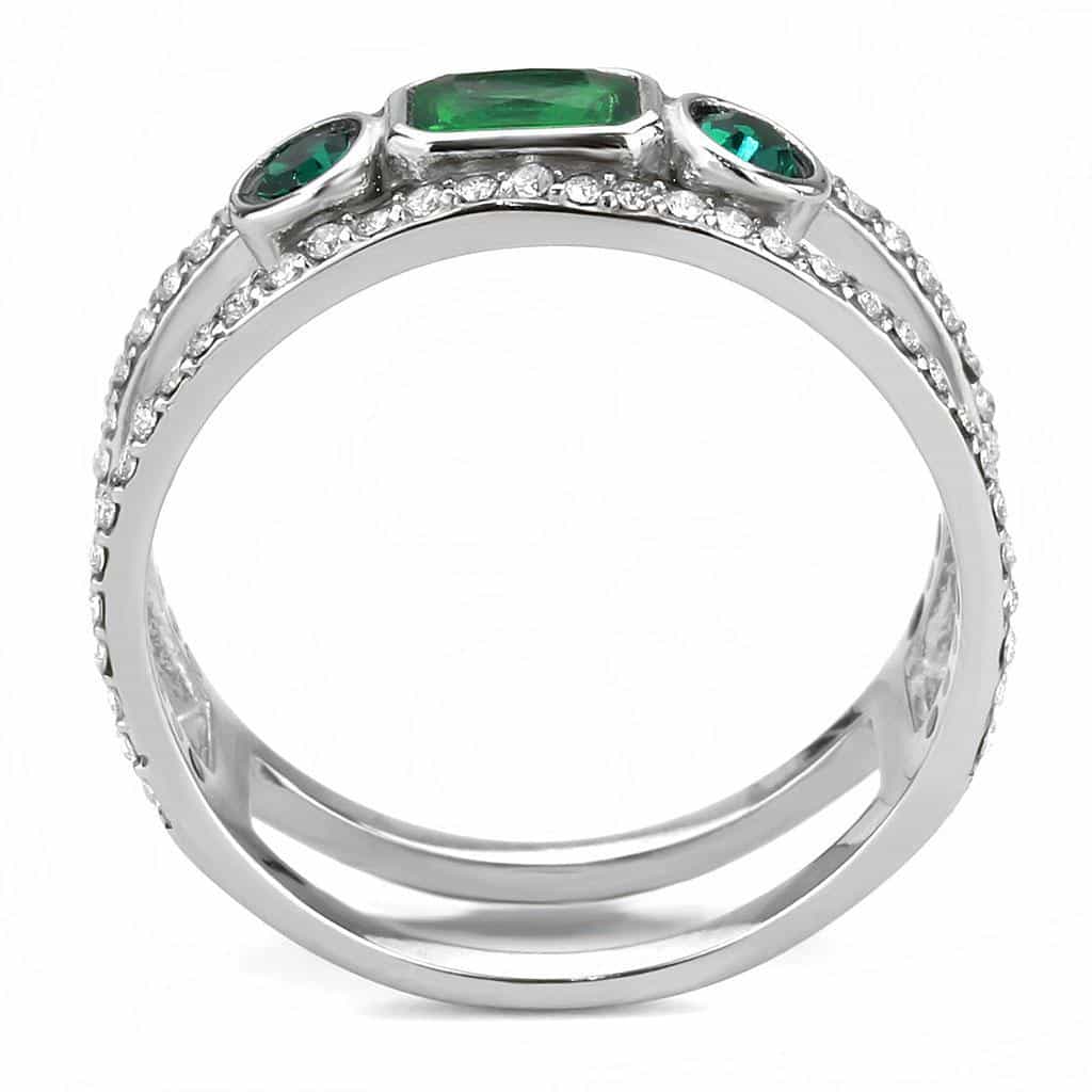 Stainless Steel Green Emerald Baguette Oval CZ Pave Triple Ring view 5