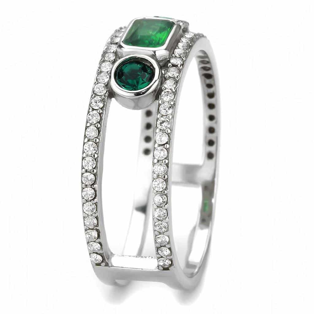 Stainless Steel Green Emerald Baguette Oval CZ Pave Triple Ring view 7