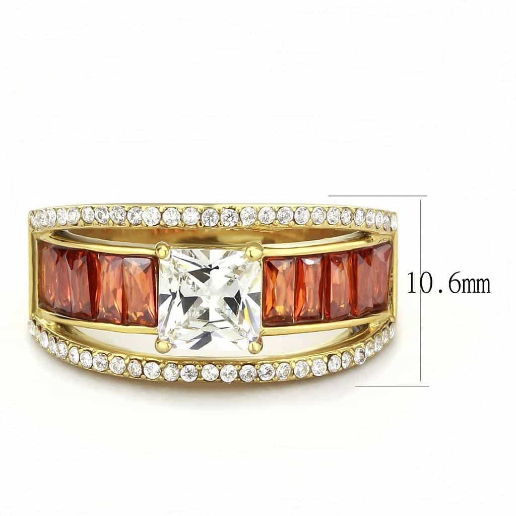 Stainless Steel Gold CZ Princess Orange Baguette Channel Ring view 3