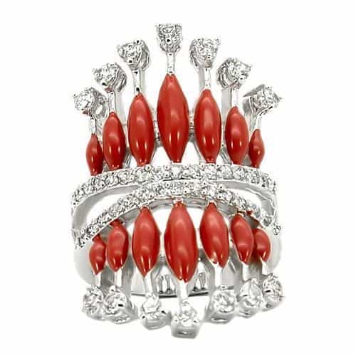 Brass Red Coral Bead CZ Fan Ring view 6