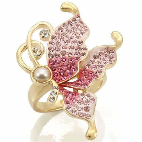 Brass Pink Crystal Butterfly Pearl Ring view 2