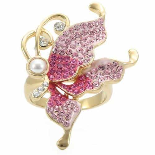 Brass Pink Crystal Butterfly Pearl Ring view 6