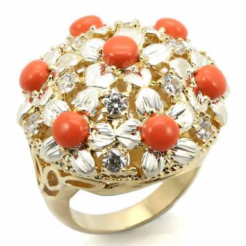 Brass Orange Coral Crystal Dome Cluster Ring view 2