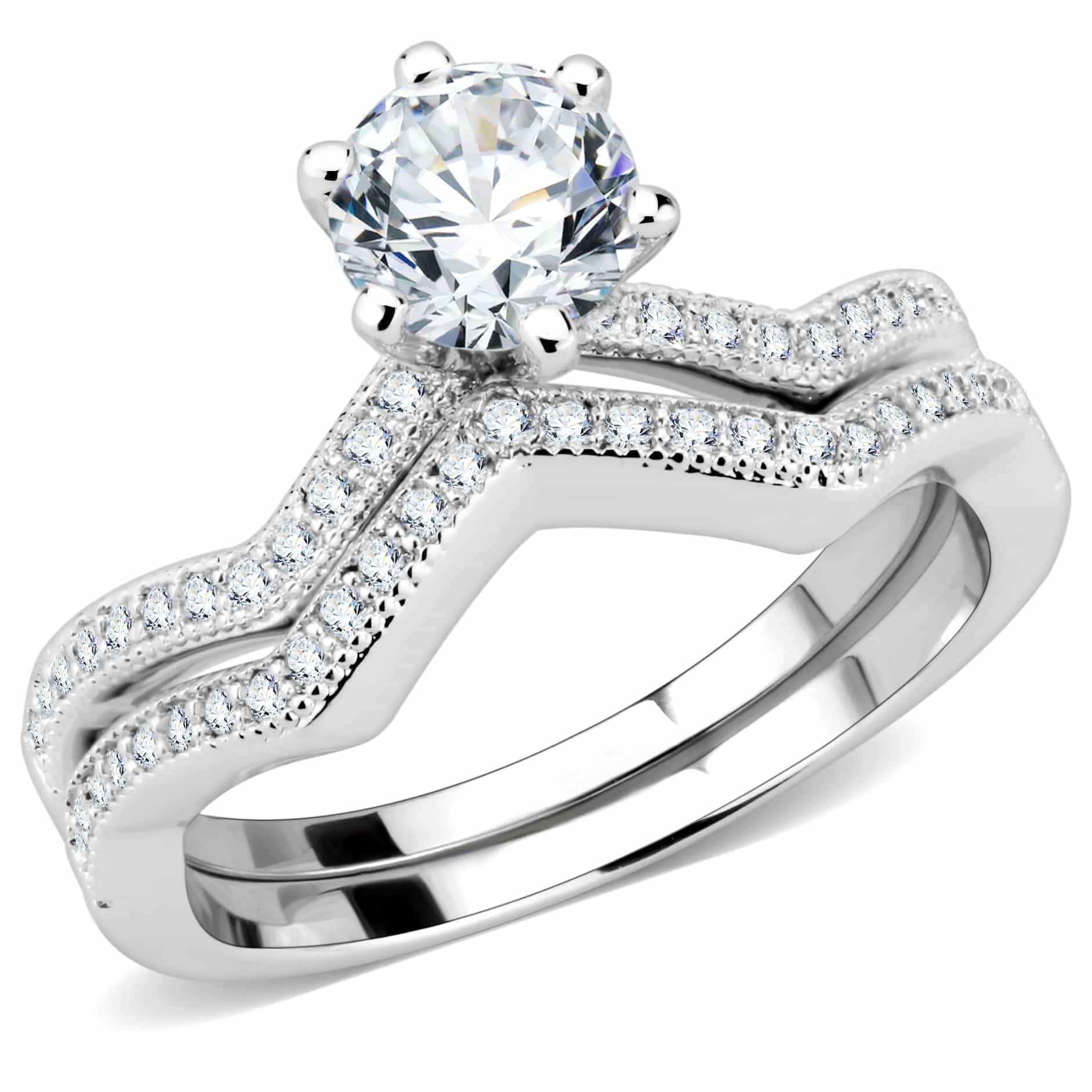 Brass CZ Round Solitaire Chevron Pavé Bridal Ring view 2