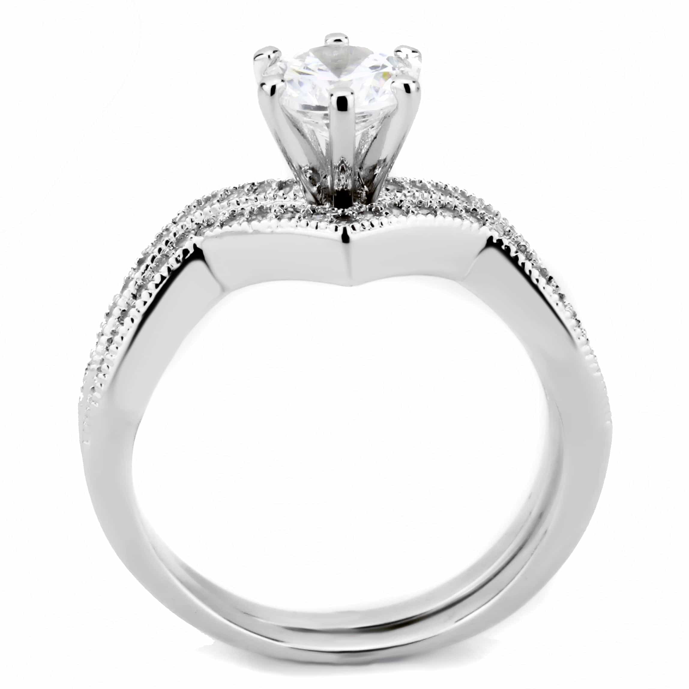 Brass CZ Round Solitaire Chevron Pavé Bridal Ring view 6