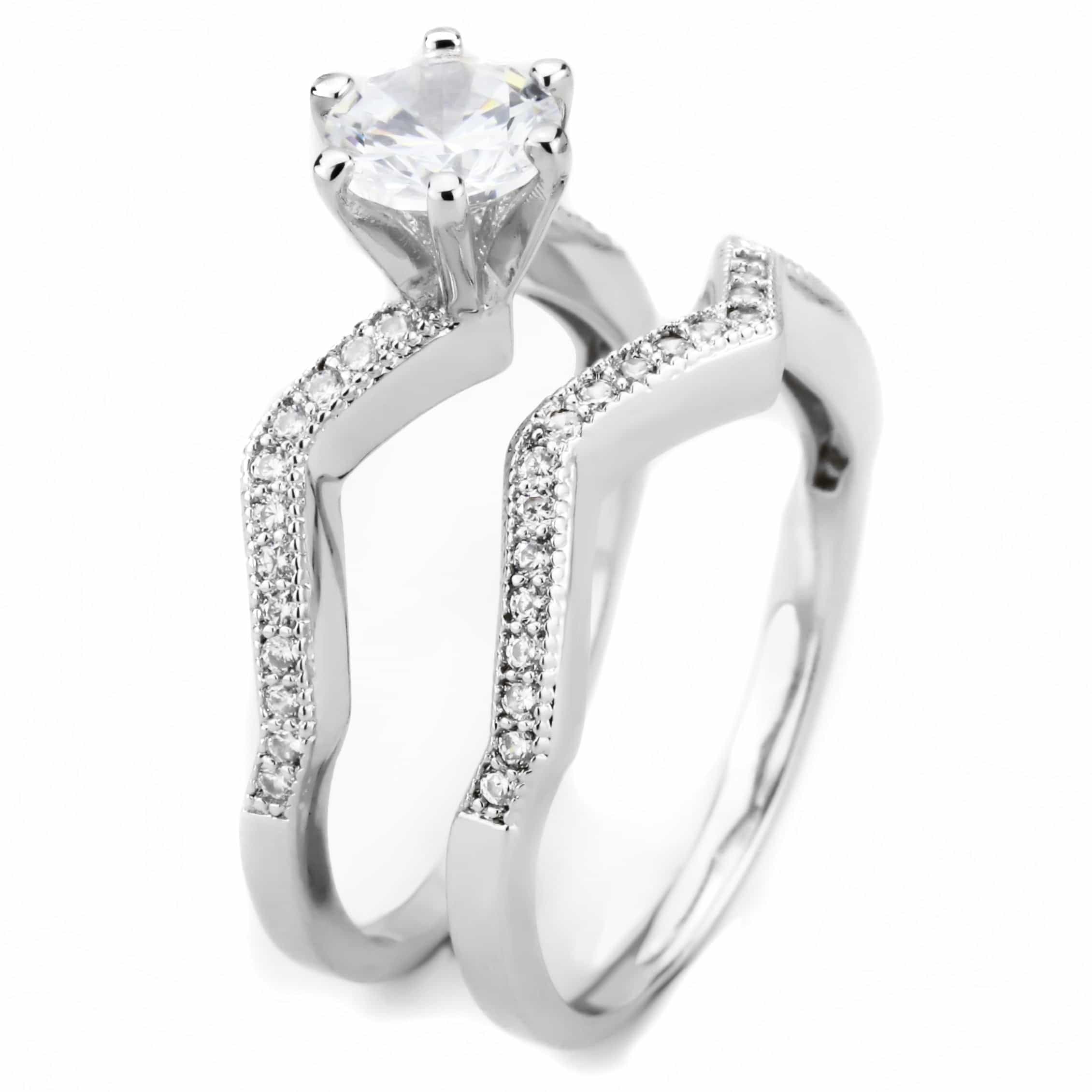 Brass CZ Round Solitaire Chevron Pavé Bridal Ring view 8