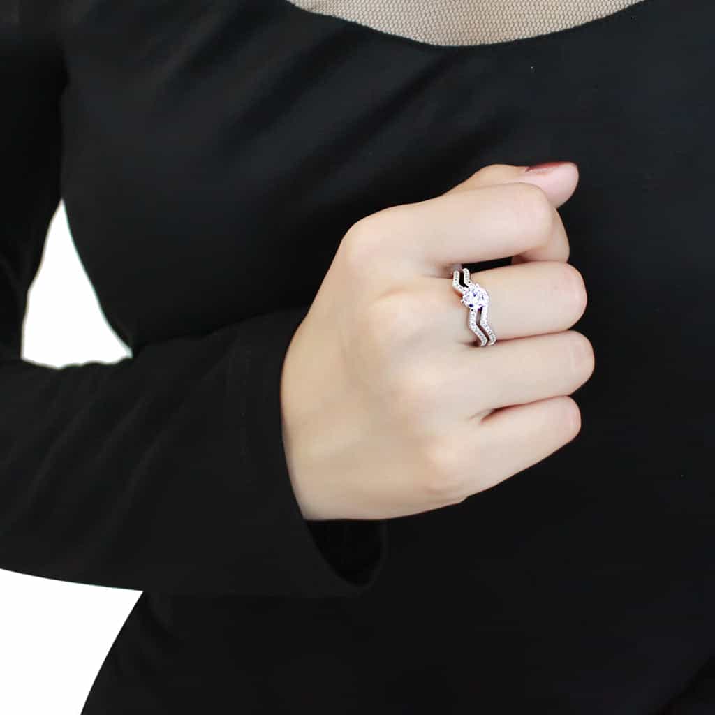 Brass CZ Round Solitaire Chevron Pavé Bridal Ring view 10