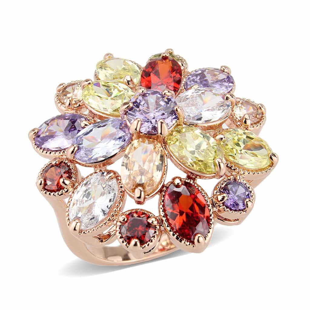 Brass Rose Gold Multi-Color CZ Flower Cluster Ring view 2