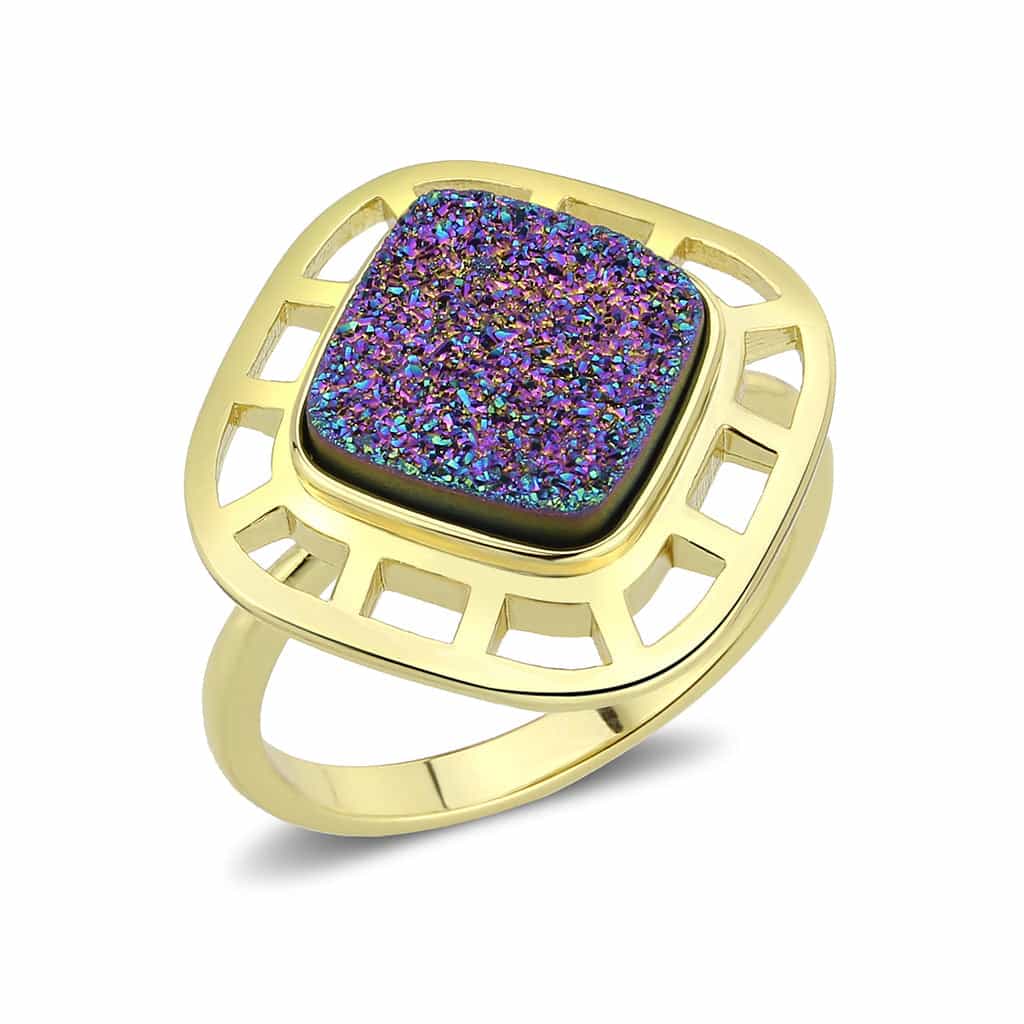 Brass Gold Rainbow Druzy Square Open Lattice Ring view 2