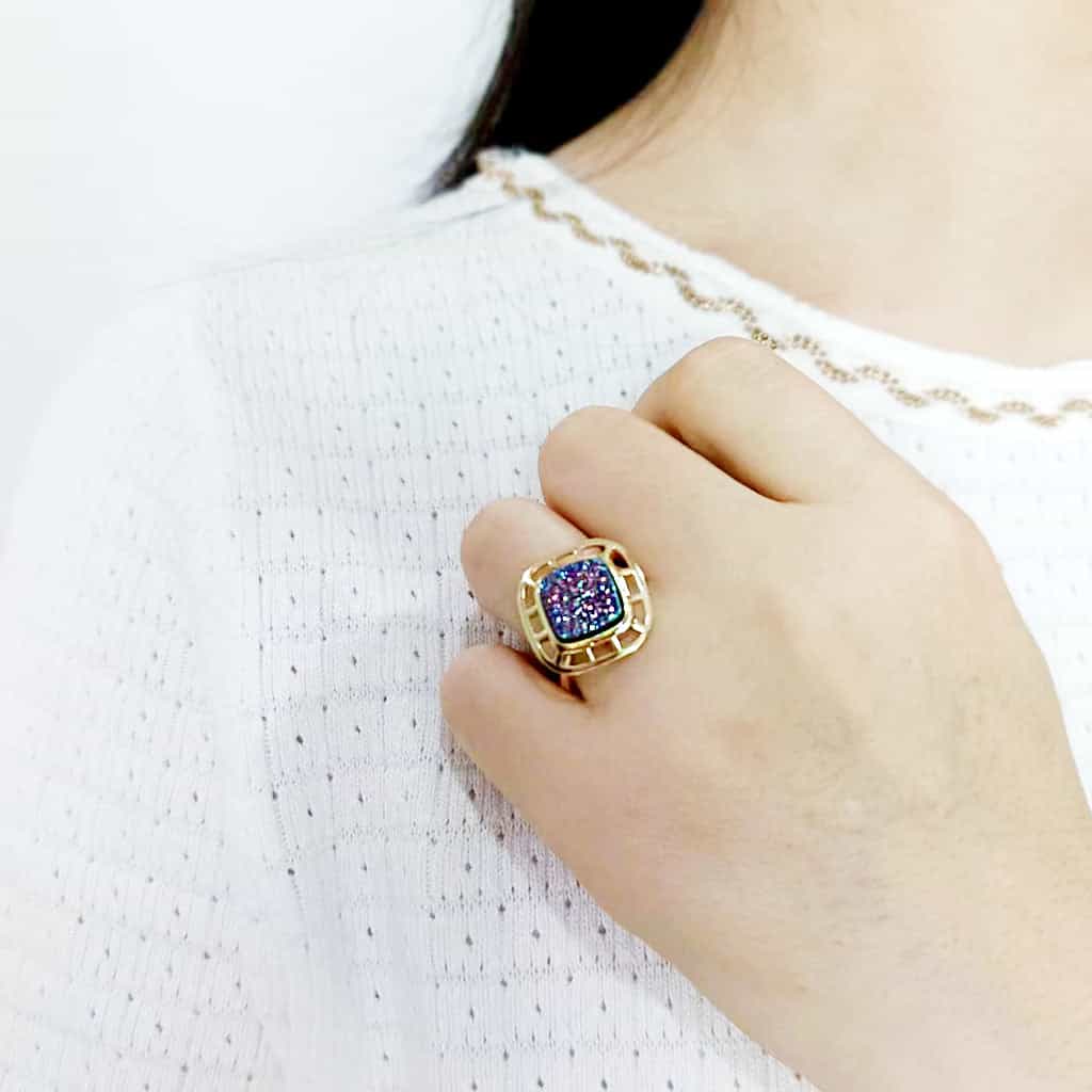 Brass Gold Rainbow Druzy Square Open Lattice Ring view 10