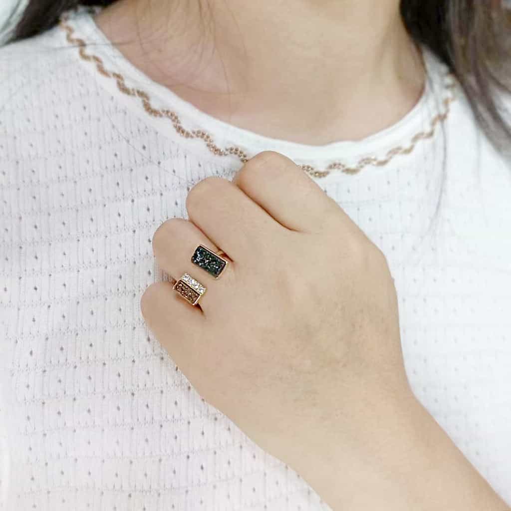 Brass Gold Black Druzy Rectangle CZ Open Ring view 4