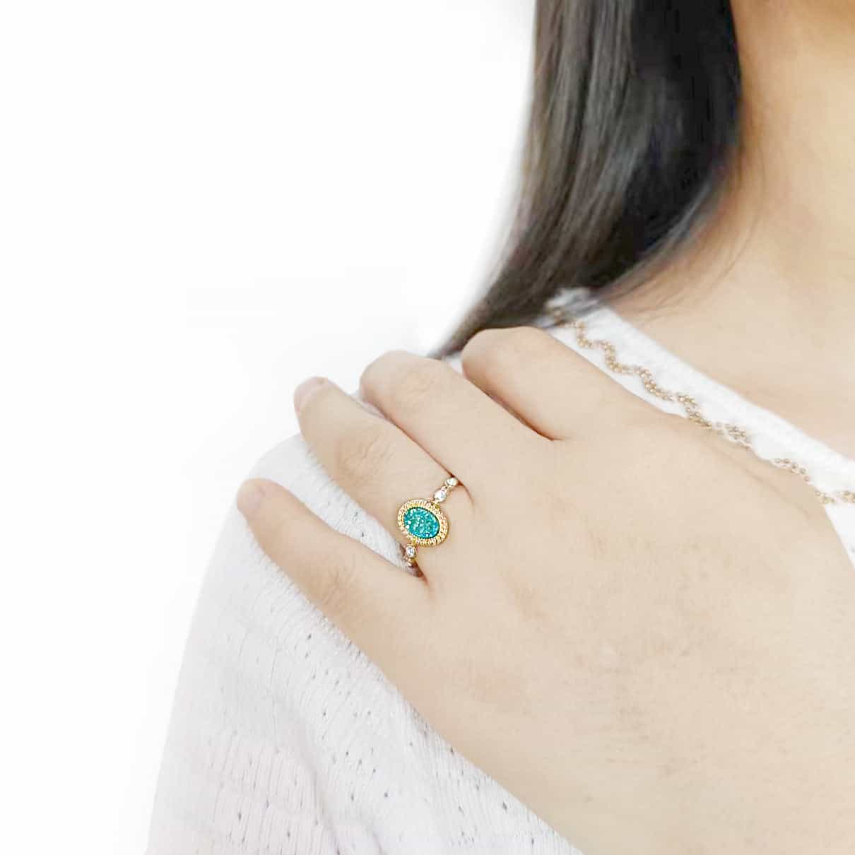 Brass Gold Turquoise Druzy Oval CZ Beaded Ring view 10
