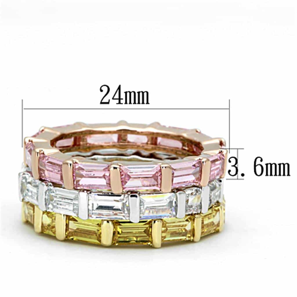 Brass Pink CZ Baguette Triple Stack Eternity Ring view 4