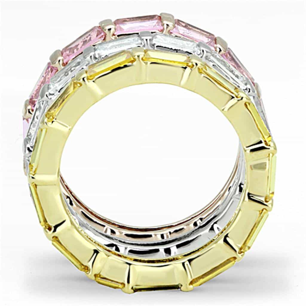 Brass Pink CZ Baguette Triple Stack Eternity Ring view 6