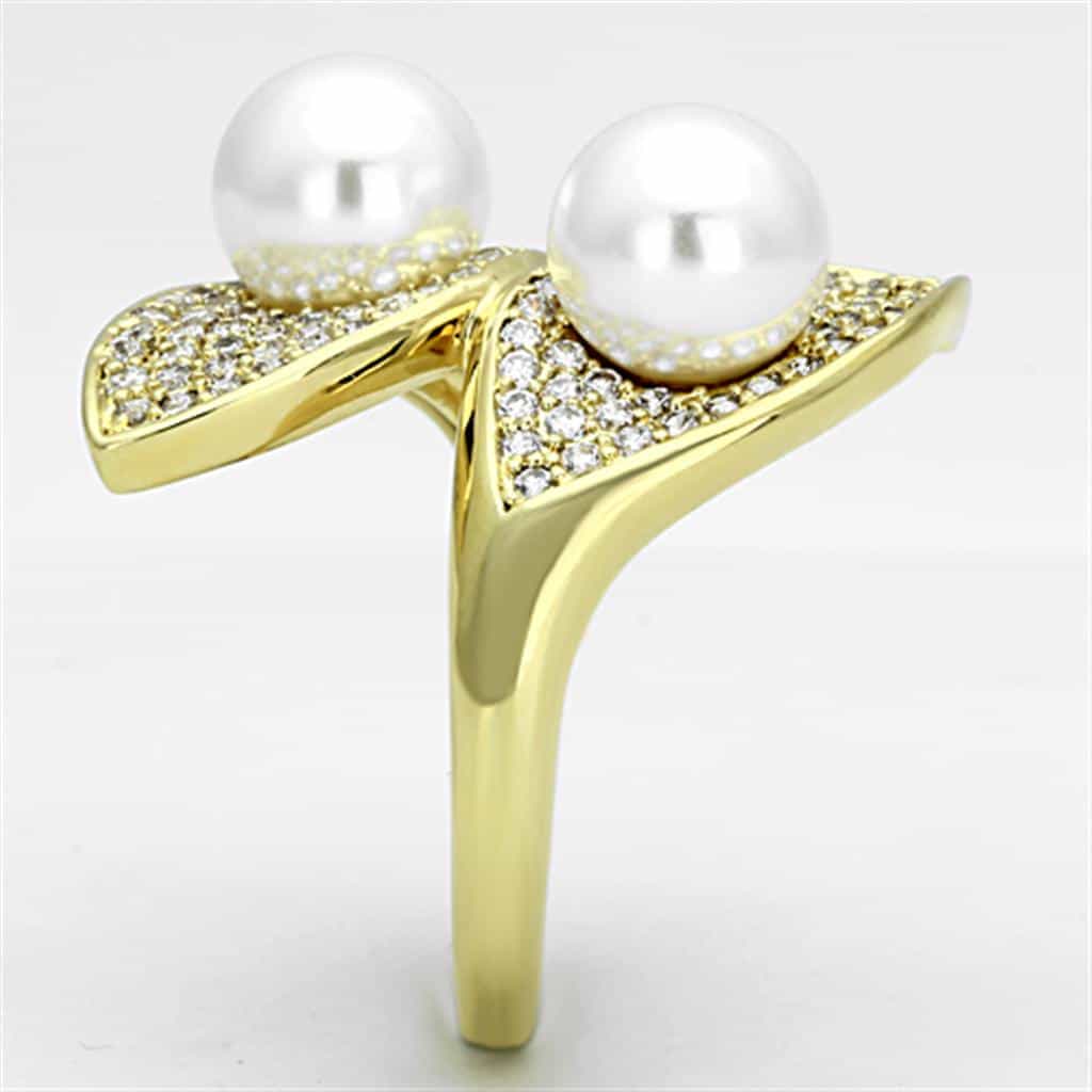 Brass Gold Pearl CZ Pave Leaf Bypass Ring view 8