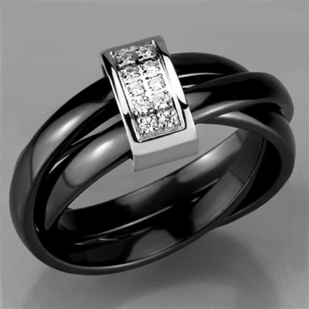 Stainless Steel Black Ceramic CZ Bar Ring view 10