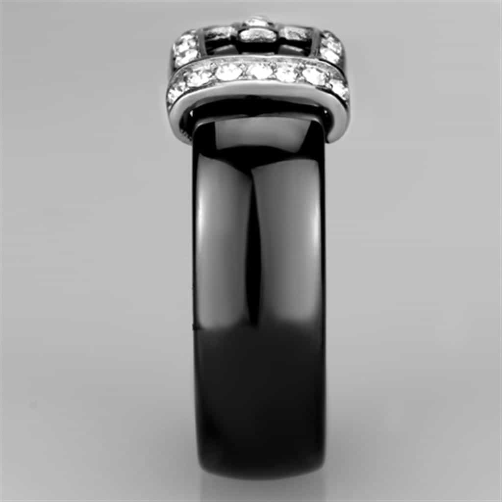 Stainless Steel Black Ceramic CZ Buckle Ring view 8