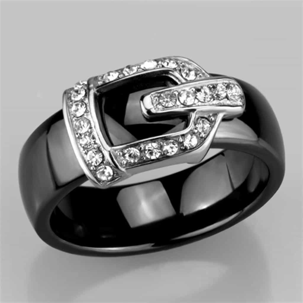 Stainless Steel Black Ceramic CZ Buckle Ring view 10