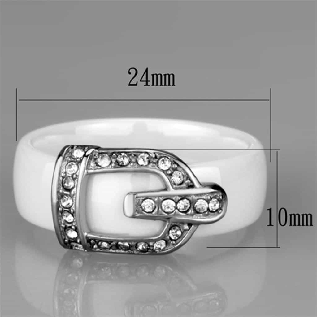 Stainless Steel White Ceramic CZ Buckle Ring view 4