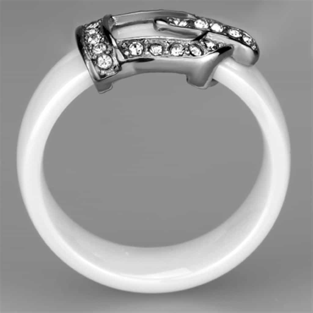 Stainless Steel White Ceramic CZ Buckle Ring view 6