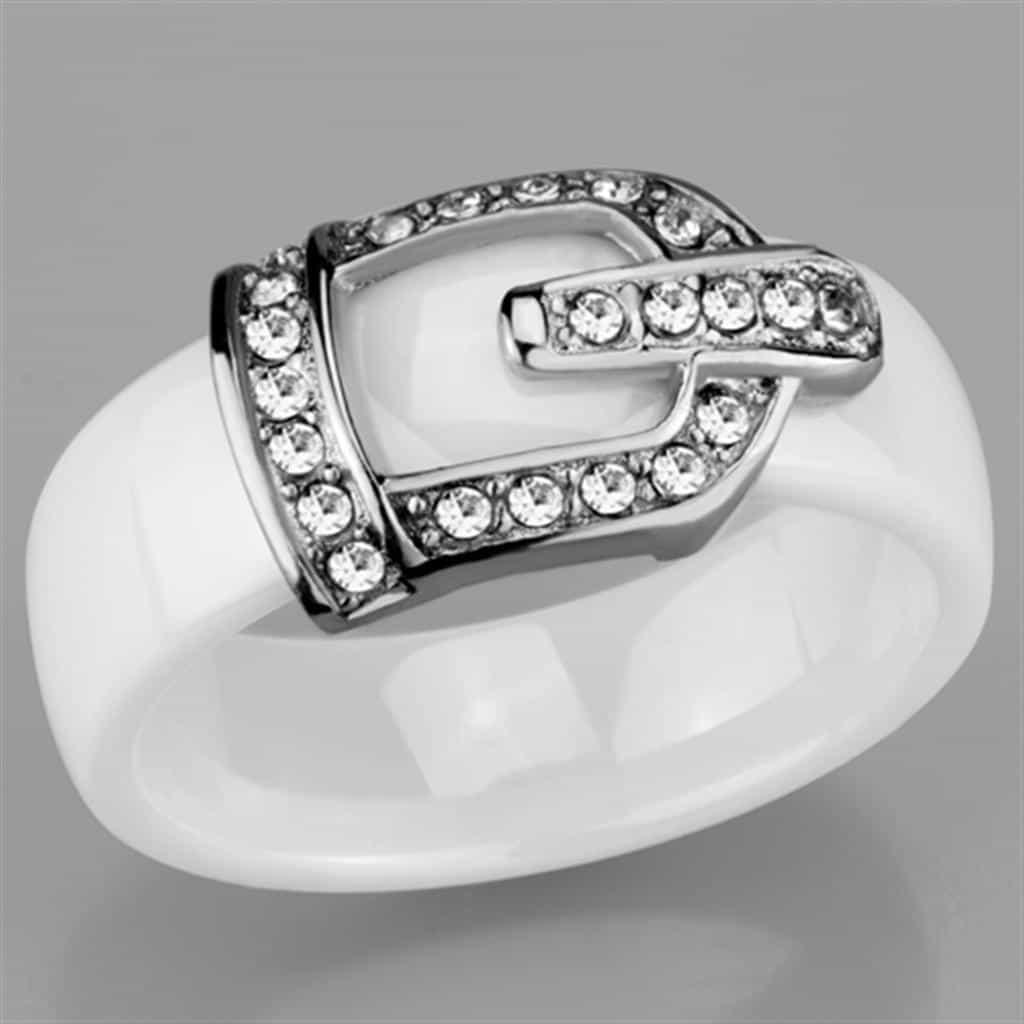 Stainless Steel White Ceramic CZ Buckle Ring view 10