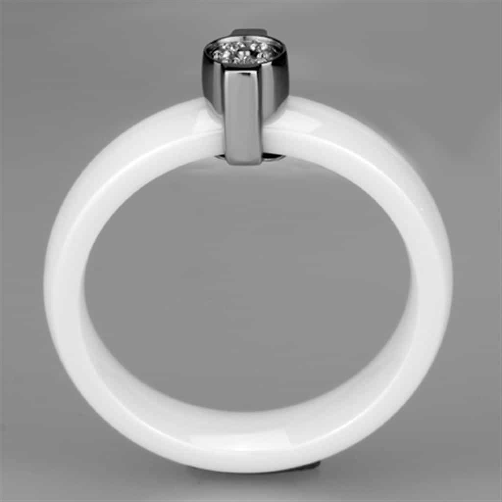 Stainless Steel White Ceramic CZ Bezel Ring view 6