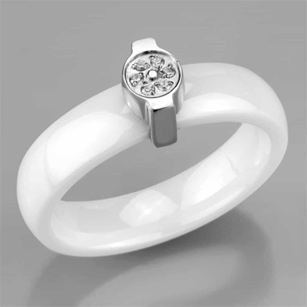 Stainless Steel White Ceramic CZ Bezel Ring view 10